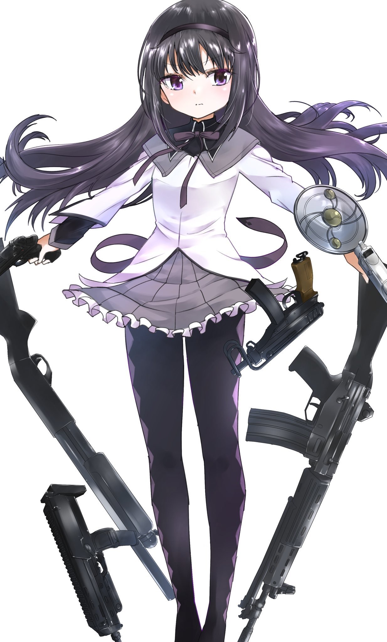 1girl, akemi_homura, argyle, argyle_legwear, arms_at_sides, black_hair, black_hairband, black_legwear