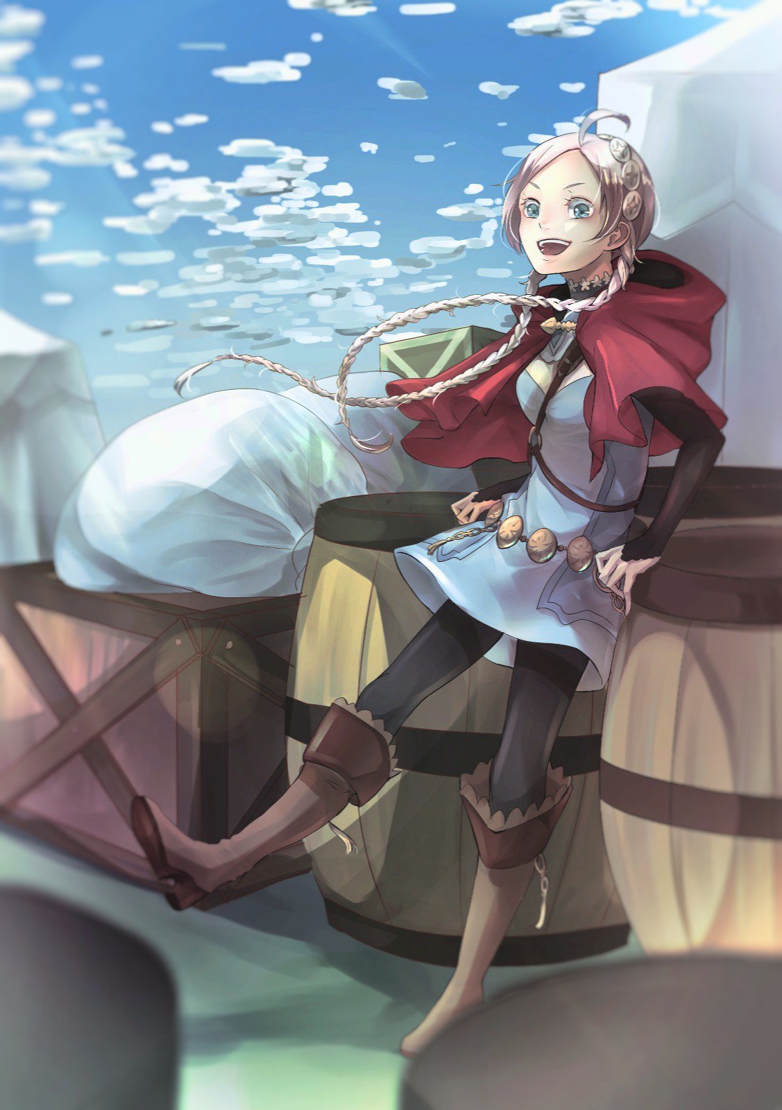 1girl, ahoge, bangs, barrel, blue_eyes, boots, braid, breasts, capelet, cargo, clouds, cloudy_sky, day, fire_emblem, fire_emblem_fates, full_body, hairband, harness, highres, kedama_mosamosa, long_hair, looking_at_viewer, medium_breasts, nina_(fire_emblem), open_mouth, outdoors, sky, twin_braids, white_hair