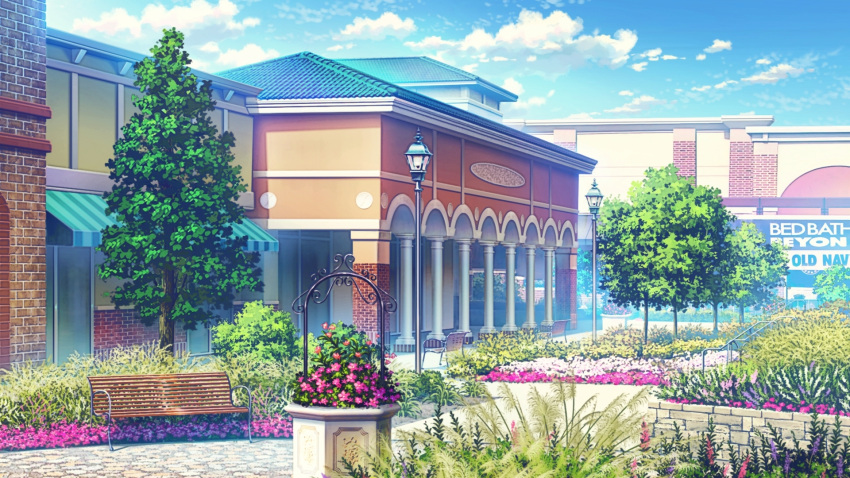 bench, blue_sky, building, bush, clouds, day, english_commentary, english_text