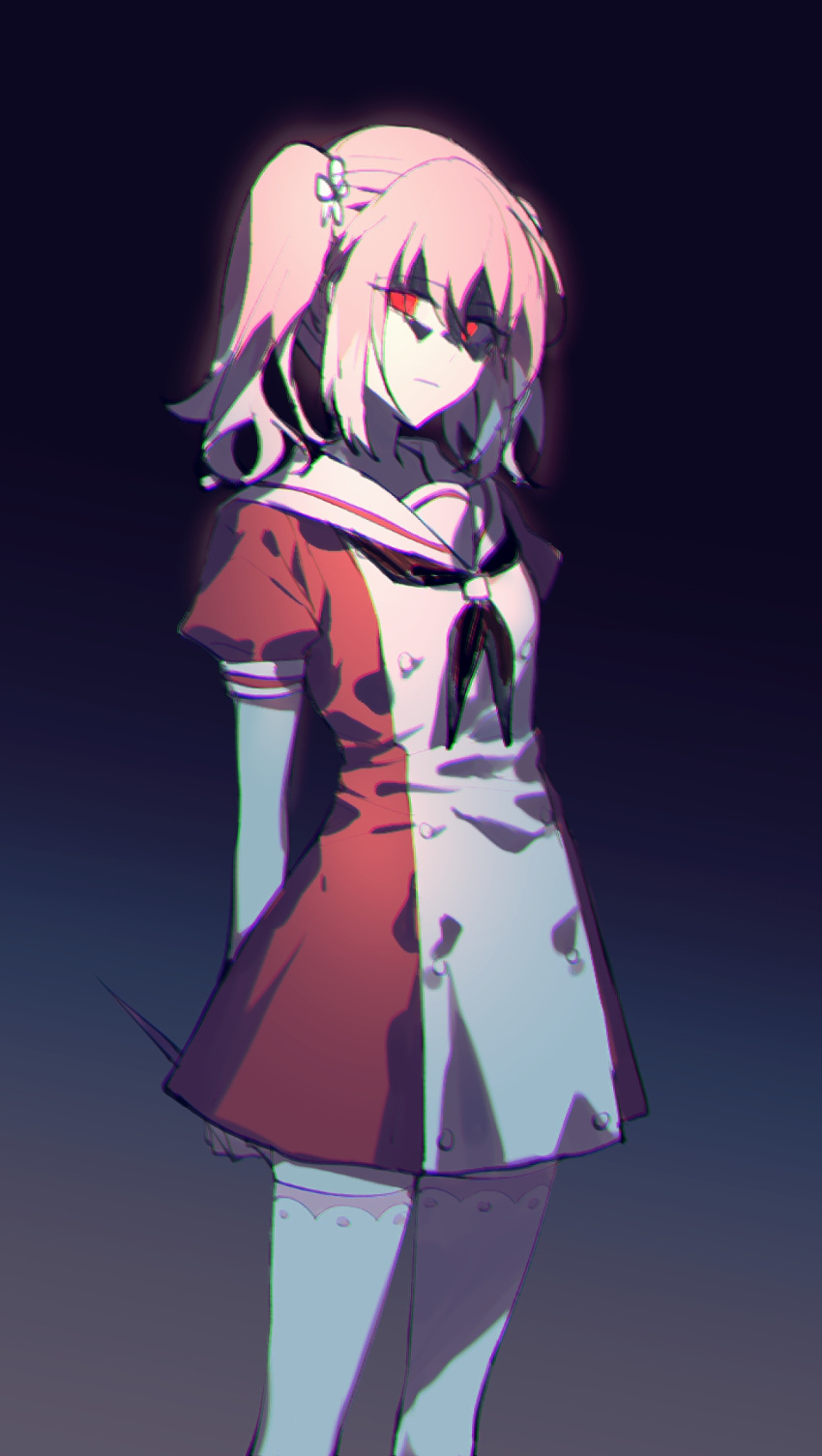 1girl, arms_behind_back, bangs, black_neckerchief, blue_background, closed_mouth, dress, eyebrows_visible_through_hair