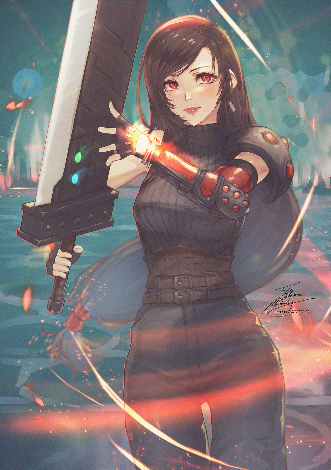1girl, armor, bangs, black_gloves, black_pants, black_sweater, brown_hair, closed_mouth