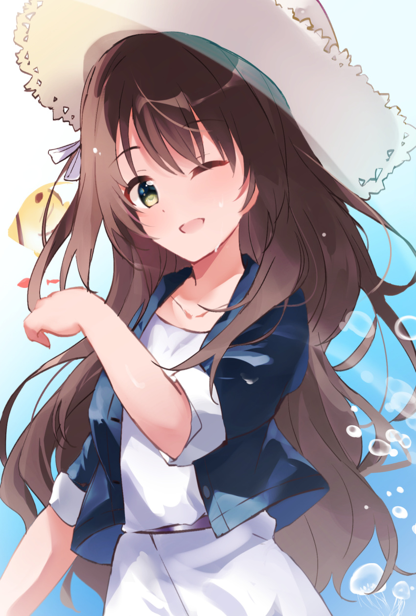 1girl, blue_jacket, brown_hair, dress, fish, hat, highres, jacket