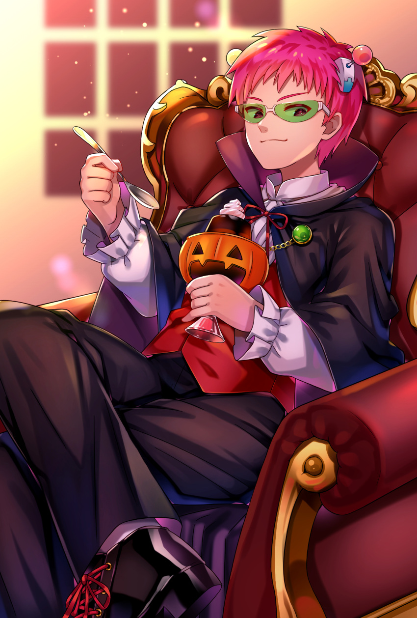 1boy, cape, coffee_jello, crossed_legs, glasses, hair_ornament, halloween, halloween_costume, highres, holding, holding_spoon, jack-o'-lantern, jelly, komomomito, pink_hair, ribbon, saiki_kusuo, saiki_kusuo_no_psi_nan, sitting, smile, spoon