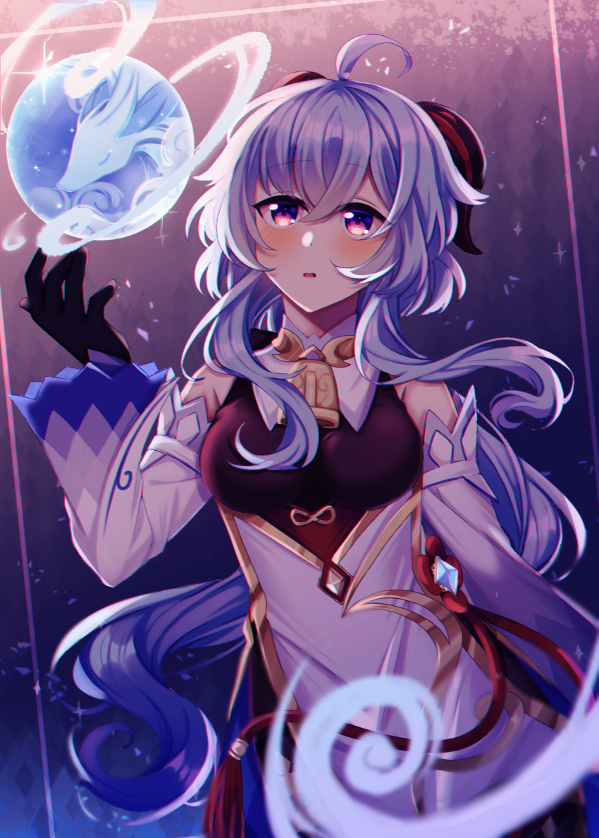 absurdres, ahoge, bangs, bare_shoulders, bell, black_gloves, black_legwear, blue_hair