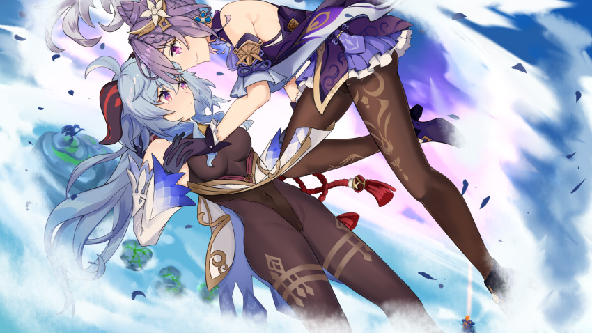 ahoge, bangs, bare_shoulders, black_gloves, black_legwear, blue_hair, blush, bodystocking