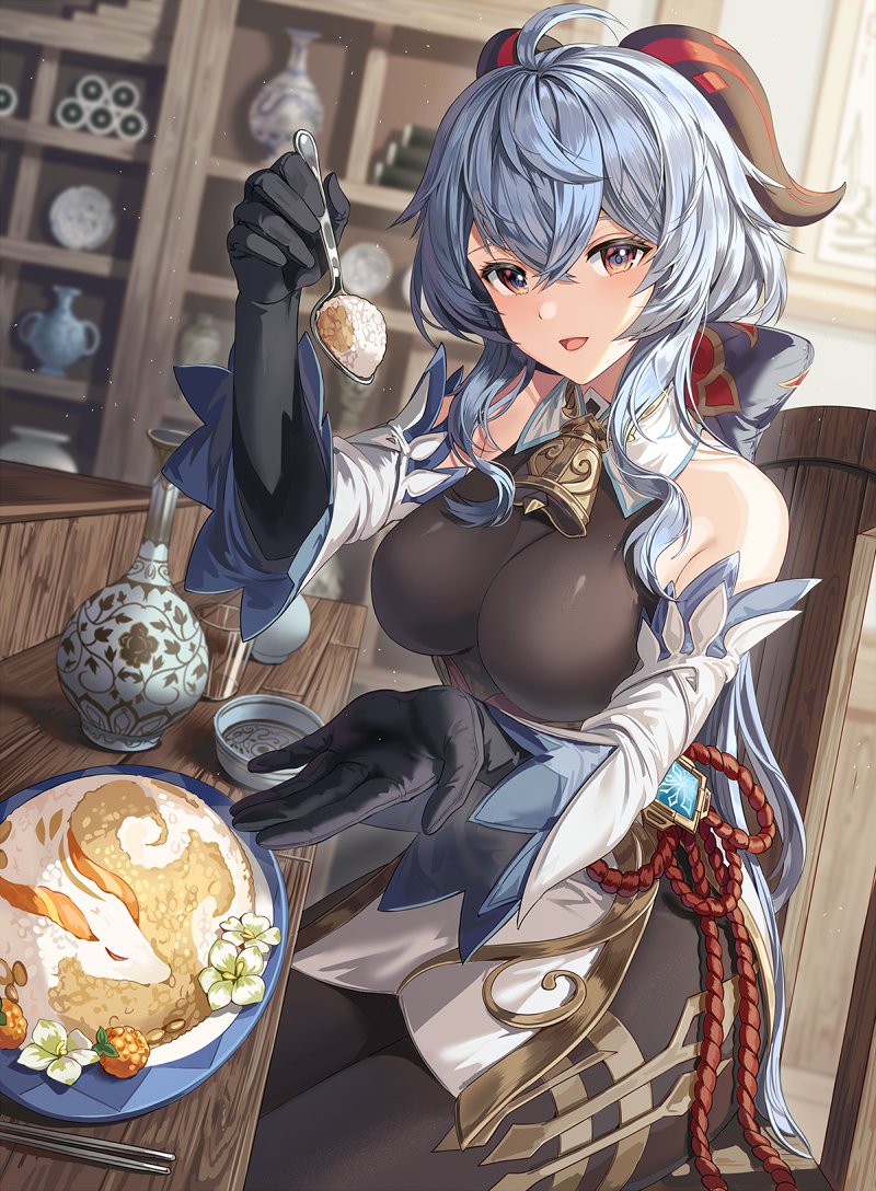 1girl, ahoge, bangs, bare_shoulders, bell, black_gloves, blue_hair, bodice
