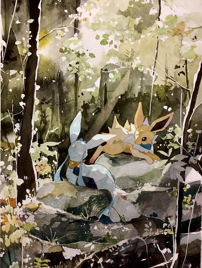 absurdres, black_eyes, closed_mouth, commentary_request, day, glaceon, highres, jolteon