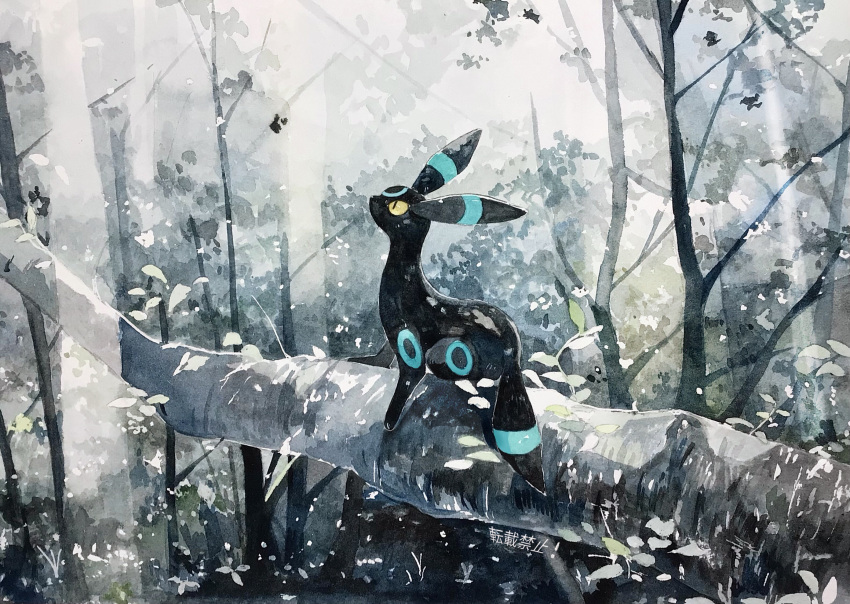 alternate_color, branch, commentary_request, highres, kamonabe_(kamonabeekon), leaf, looking_up, no_humans, outdoors, pokemon, pokemon_(creature), shiny_pokemon, solo, standing, tree, umbreon