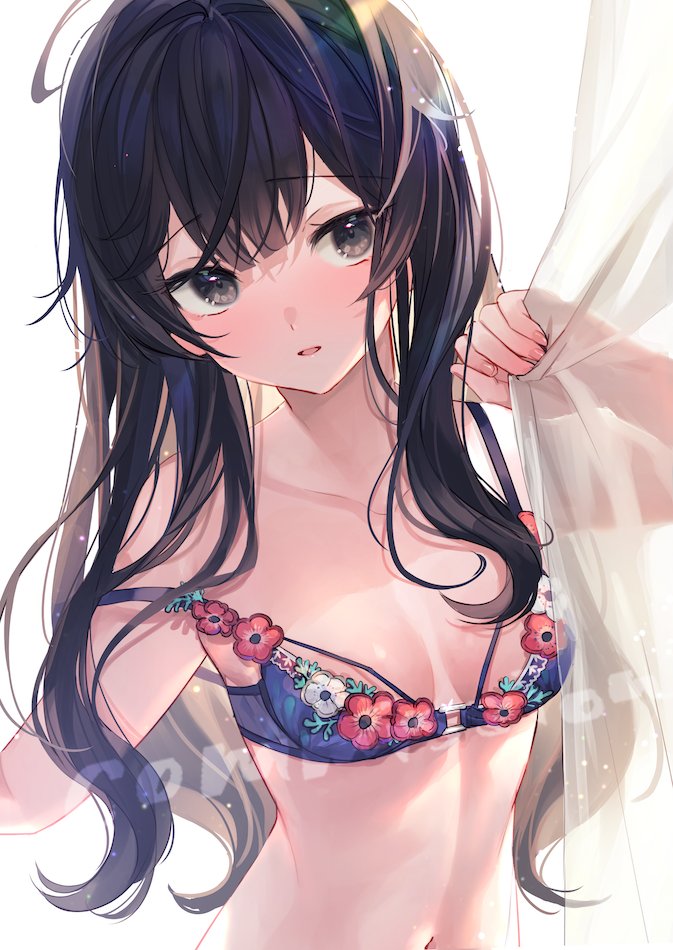 1girl, bangs, black_hair, blue_bra, bra, breasts, breasts_apart, collarbone