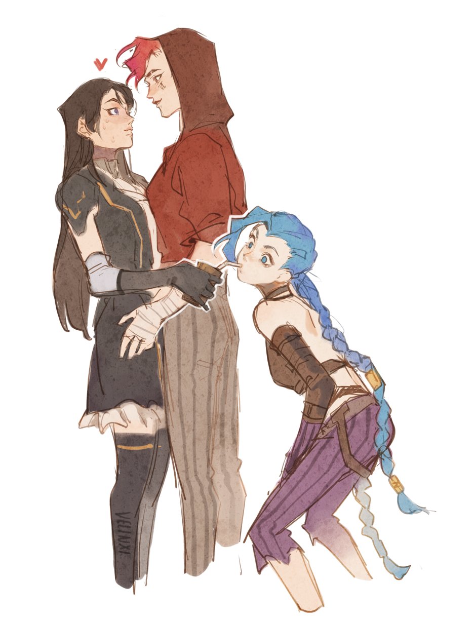 3girls, arcane:_league_of_legends, artist_name, blue_hair, blush, braid, braided_ponytail, brown_hair