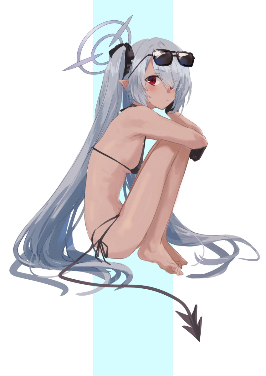 1girl, bangs, barefoot, bikini, black_bikini, black_gloves, blue_archive, blush