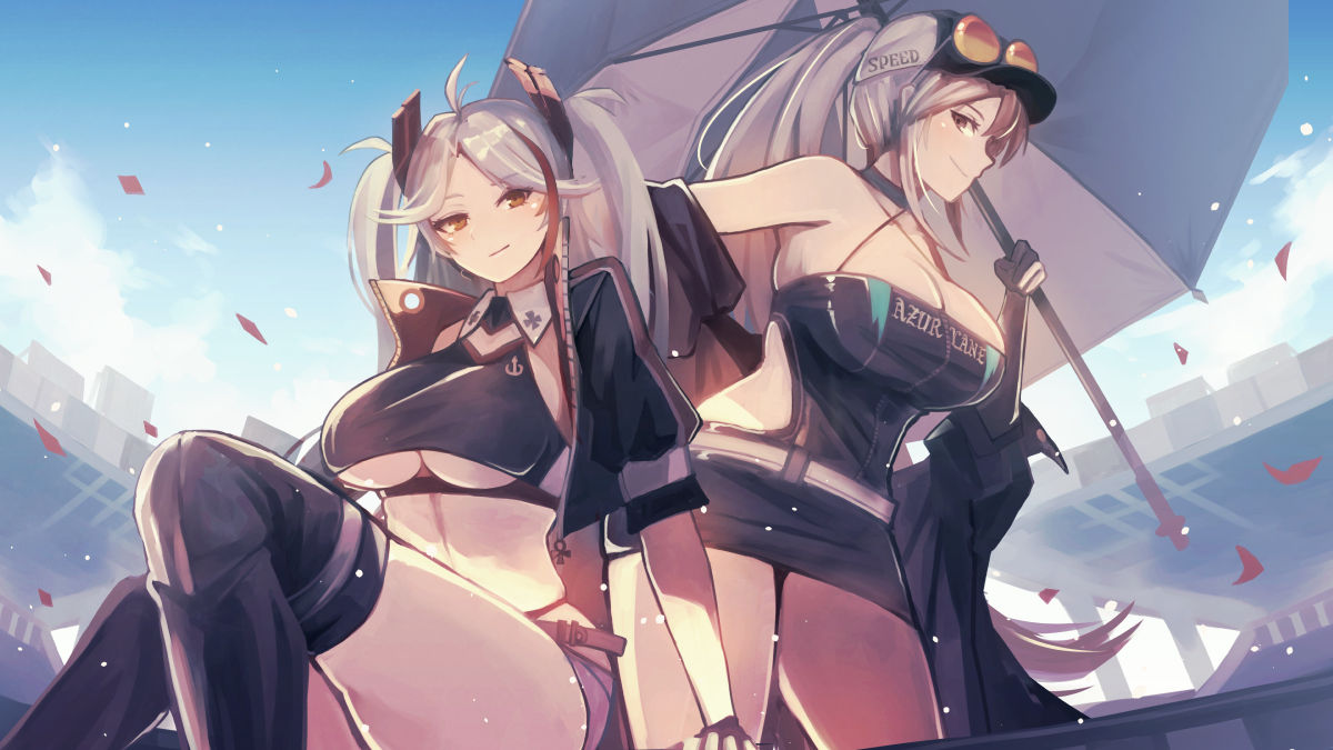 2girls, antenna_hair, asymmetrical_gloves, azur_lane, back_cutout, belt, checkered, checkered_flag