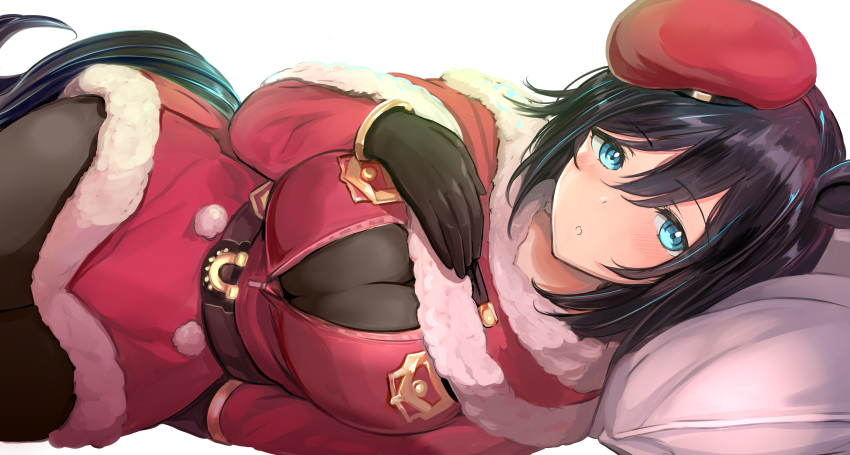 1girl, :o, absurdres, animal_ears, beret, black_gloves, black_hair, blue_eyes