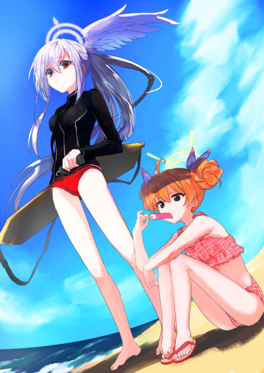 2girls, ahoge, alternate_hairstyle, bangs, barefoot, beach, bikini, black_eyes