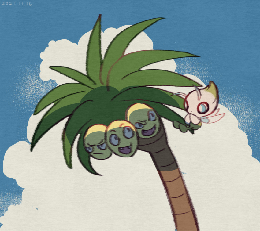 alolan_exeggutor, blue_eyes, bright_pupils, celebi, closed_mouth, clouds, commentary_request, dated