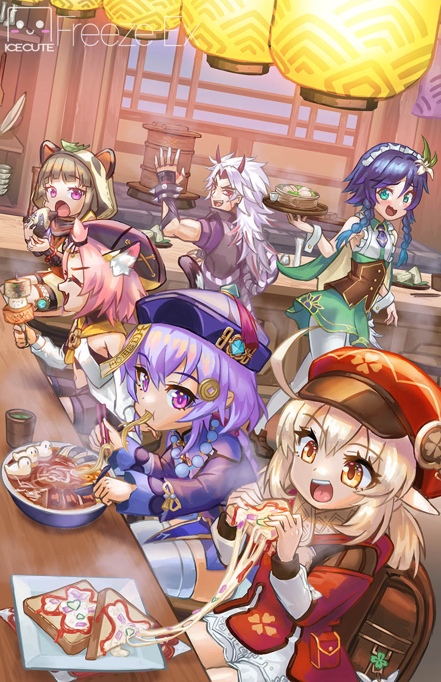 2boys, 4girls, :d, :o, ^_^, ^o^, adapted_costume, ahoge