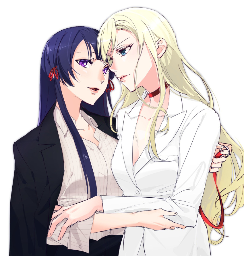 2girls, arm_around_back, bangs, black_jacket, blonde_hair, blue_eyes, blue_hair, breasts, buttons, choker, closed_mouth, collarbone, collared_shirt, commentary_request, dee0333, dress_shirt, eyebrows_visible_through_hair, face-to-face, grey_shirt, hair_ribbon, hand_on_another's_arm, hand_up, highres, holding, holding_leash, jacket, jacket_on_shoulders, korean_commentary, leash, long_hair, long_sleeves, looking_at_another, looking_away, medium_breasts, multiple_girls, parted_lips, red_choker, red_ribbon, ribbon, shiny, shiny_hair, shirt, shoujo_kageki_revue_starlight, shoujo_kageki_revue_starlight_-re_live-, sidelocks, simple_background, sketch, sleeves_past_elbows, smile, standing, striped, striped_shirt, tomoe_tamao, upper_body, vertical-striped_shirt, vertical_stripes, violet_eyes, wavy_hair, white_background, white_jacket, yumeoji_fumi, yuri