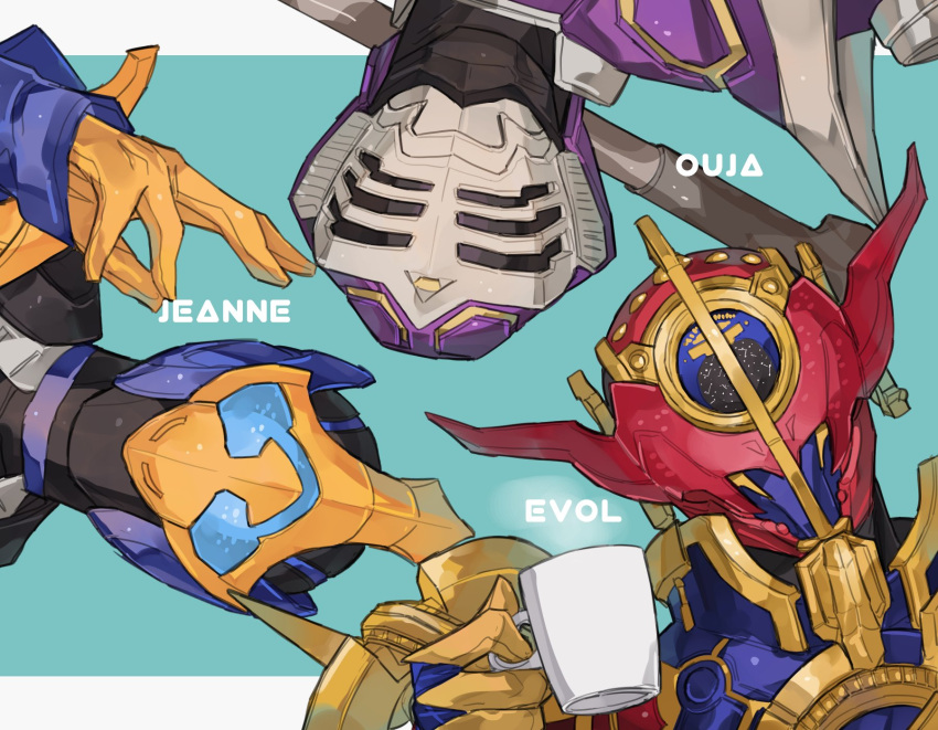 1girl, 2boys, bbbb_fex, blue_eyes, cobra_(animal), coffee_mug, cup, gloves