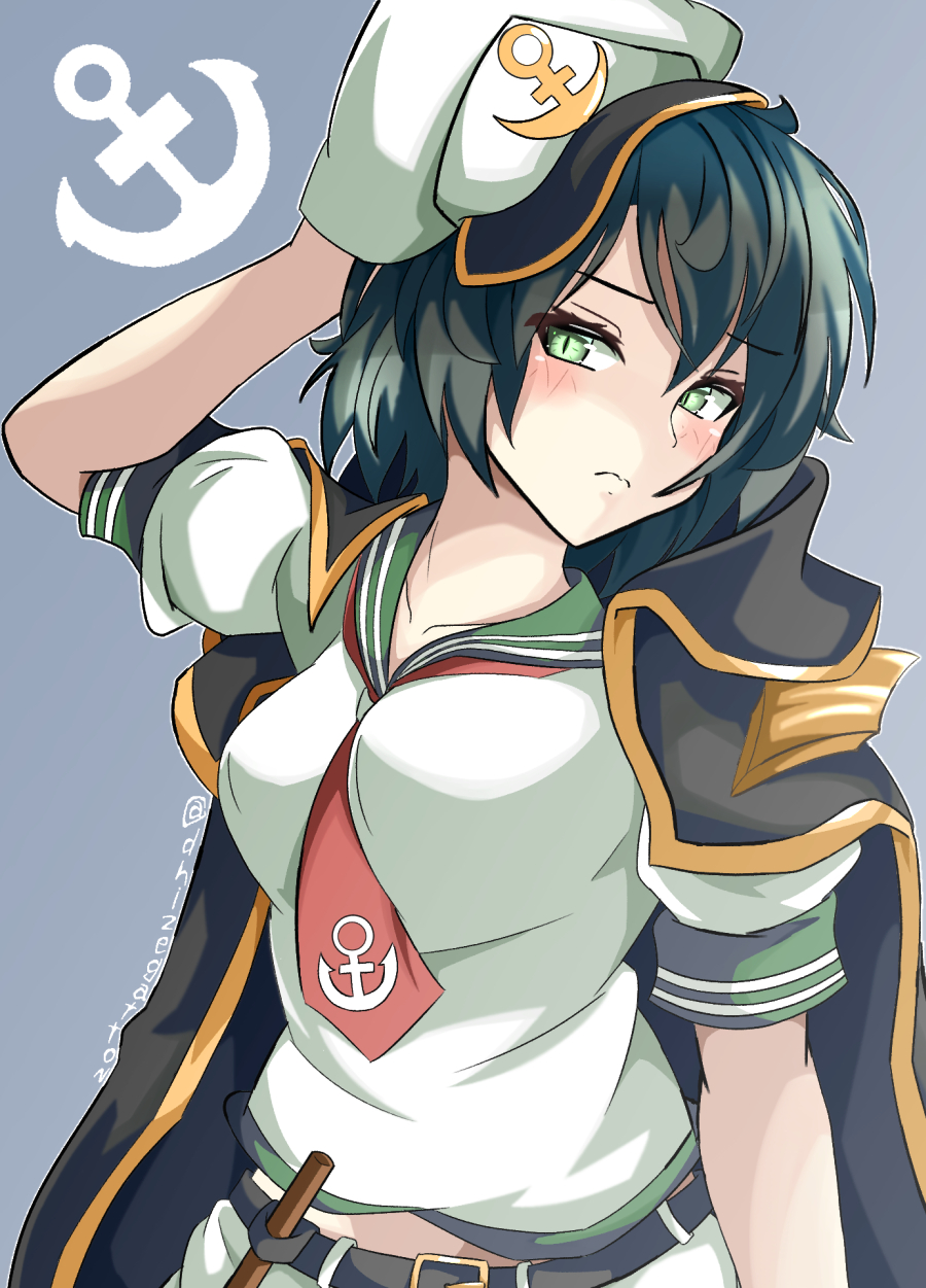 1girl, adjusting_clothes, adjusting_headwear, anchor_print, arm_on_head, arm_up, bangs, belt