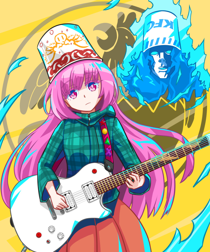 1boy, 1girl, adapted_costume, bangs, blue_hoodie, bubble_skirt, bucket, bucket_of_chicken