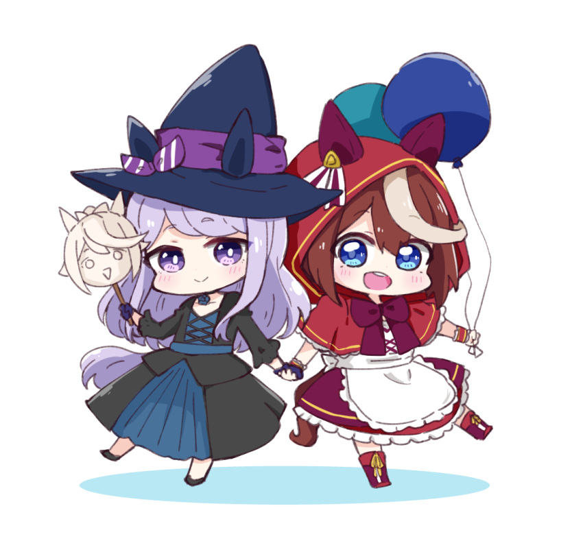 2girls, :d, animal_ears, animal_hood, apron, balloon, black_dress, black_footwear