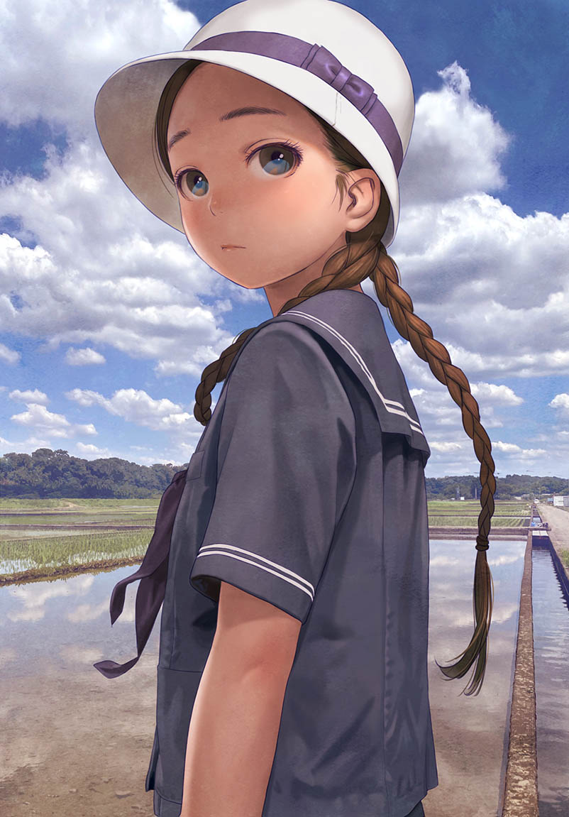 1girl, bangs, braid, brown_eyes, brown_hair, clouds, eyelashes, farm