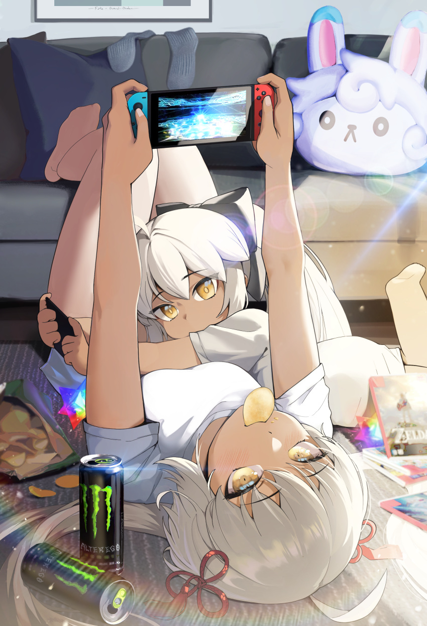 2girls, absurdres, ahoge, can, chips, couch, dark-skinned_female, dark_skin