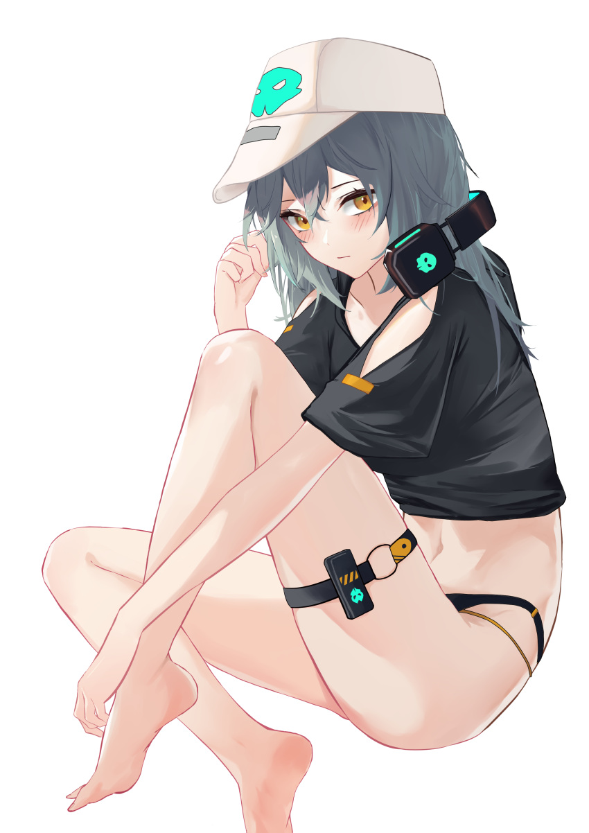 1girl, absurdres, antonina_(girls'_frontline_nc), bangs, bare_legs, barefoot, baseball_cap, black_shirt, blush, clothing_cutout, commentary_request, crop_top, girls'_frontline_neural_cloud, girls_frontline, grey_hair, hair_between_eyes, hand_up, hat, headphones, headphones_around_neck, highres, knee_up, long_hair, looking_at_viewer, midriff, navel, o-ring, shirt, short_sleeves, shoulder_cutout, simple_background, sitting, solo, stomach, thigh_strap, thighs, white_background, white_headwear, xiaobei, yellow_eyes