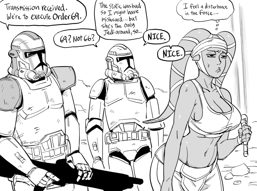 1girl, 2boys, alien, armor, bb_(baalbuddy), clone_trooper, energy_sword, english_text