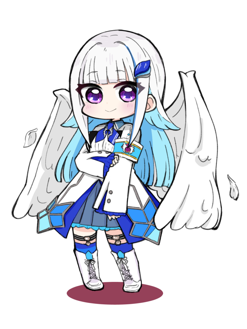 1girl, armband, bangs, blue_hair, blue_legwear, blunt_bangs, blush, boots