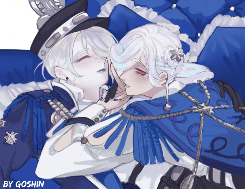 2boys, absurdres, artist_name, black_gloves, black_headwear, blue_cape, blue_nails, cape