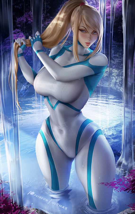 1girl, blonde_hair, blue_eyes, blush, bodysuit, breasts, hair_between_eyes, large_breasts