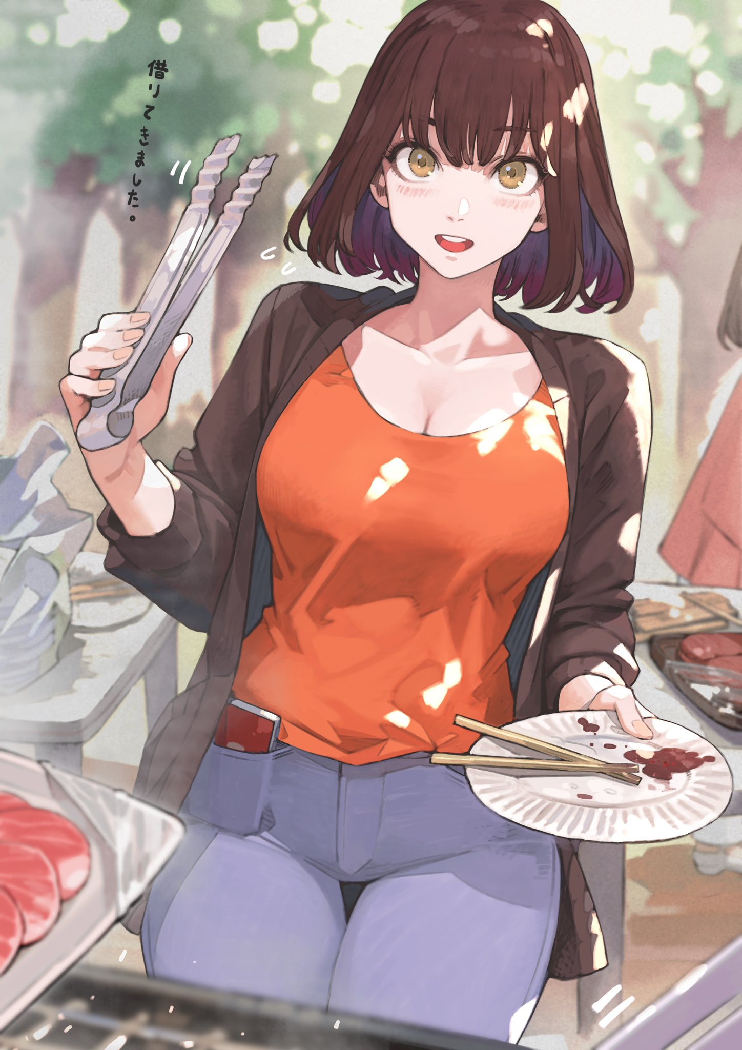 1girl, bangs, breasts, brown_hair, cellphone, chopsticks, commentary_request, denim
