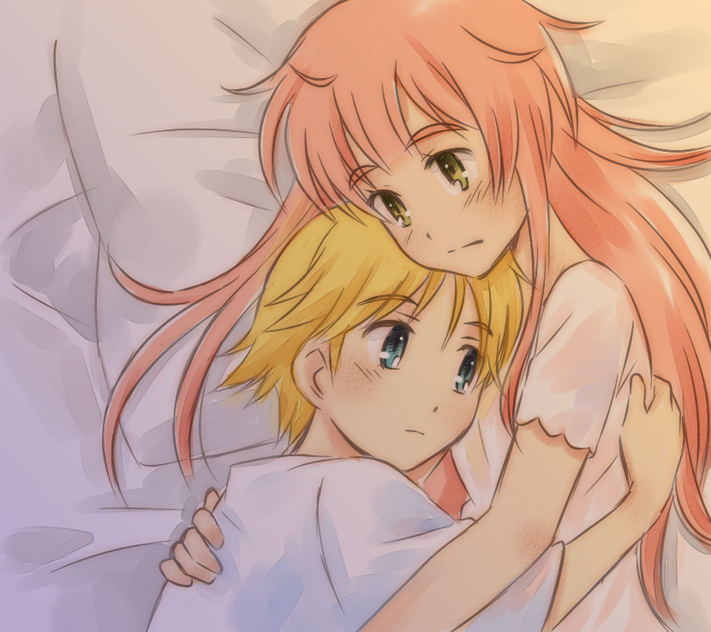1boy, 1girl, age_difference, bed, blonde_hair, blue_eyes, blush, dress