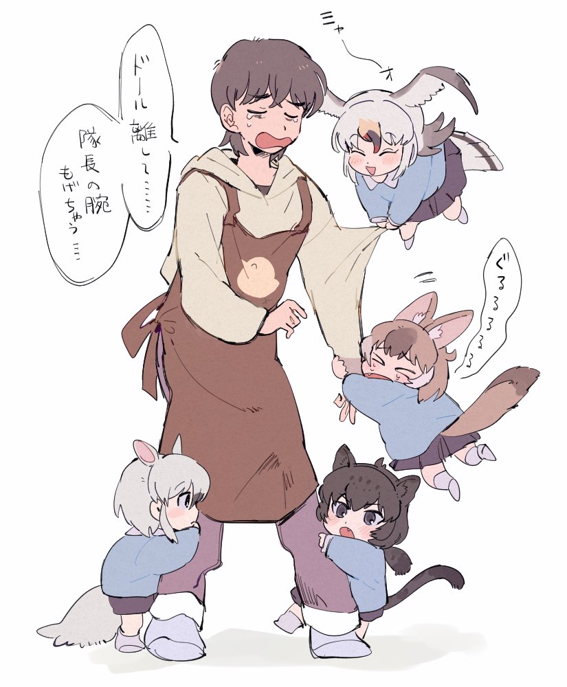 1boy, 4girls, alternate_costume, animal_ears, anteater_ears, anteater_tail, apron, bald_eagle_(kemono_friends)