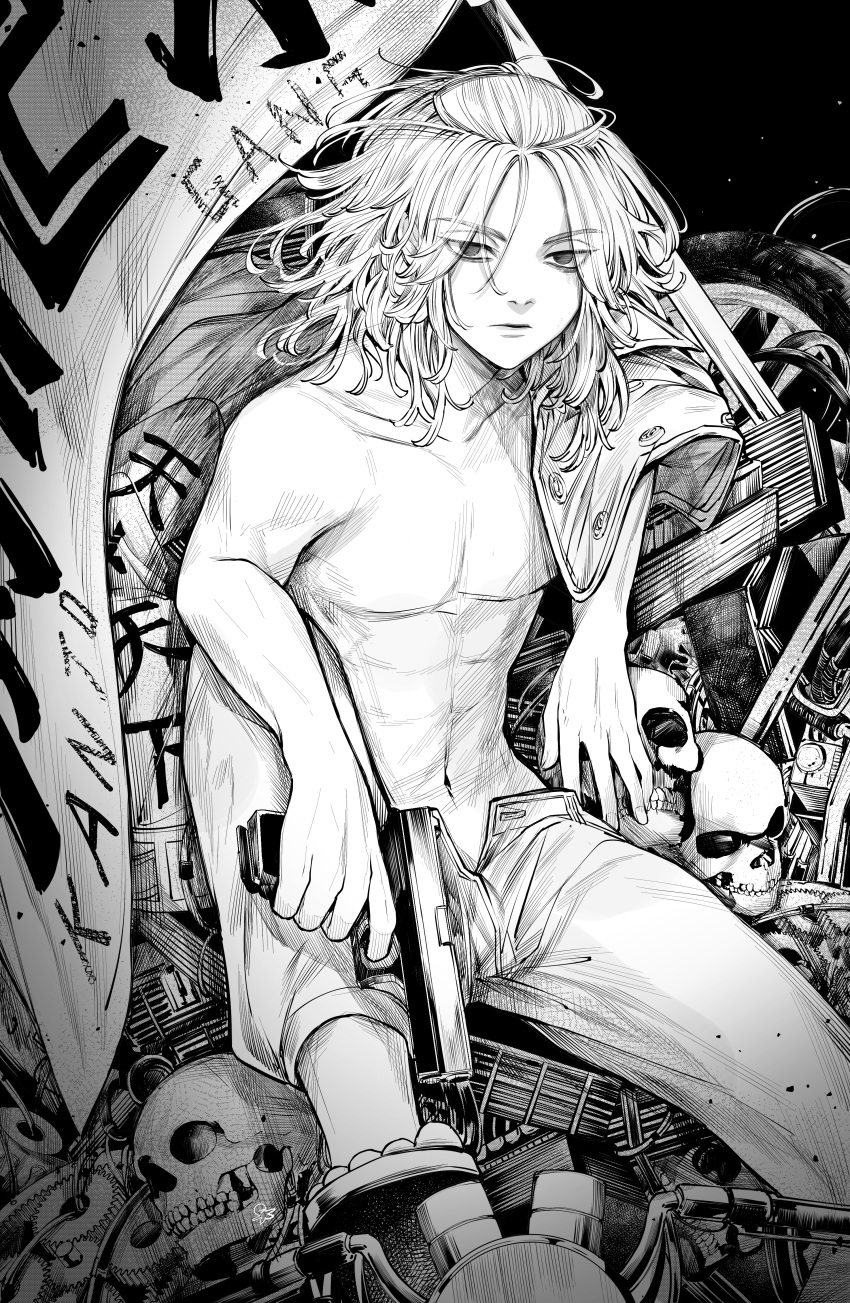1boy, abs, absurdres, arm_rest, black_background, feet_out_of_frame, finger_on_trigger, flag