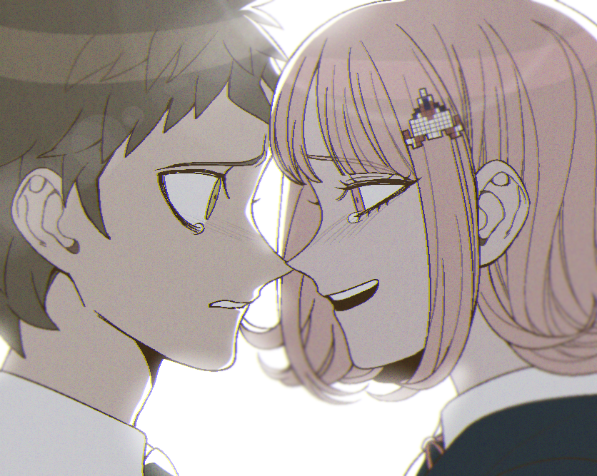 1boy, 1girl, :d, bangs, bong_(0u0bon), brown_eyes, brown_hair, collared_shirt