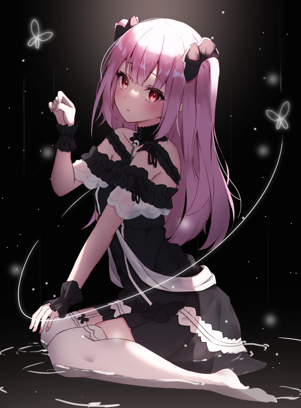 1girl, black_choker, black_dress, blush, choker, dress, fingernails, flat_chest
