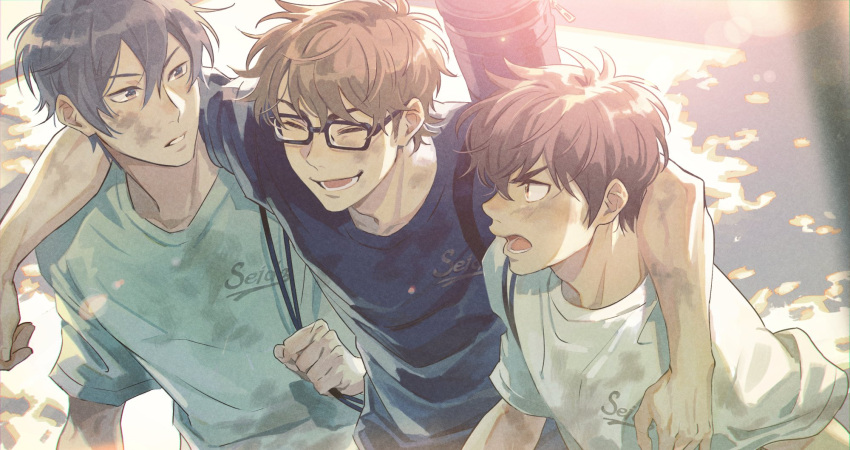 3boys, ace_of_diamond, aqua_shirt, arm_on_shoulder, bangs, black_hair, blue_eyes, blue_shirt