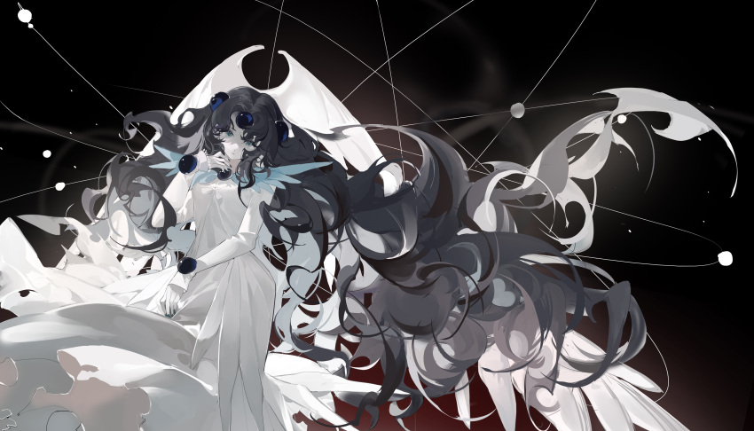 1girl, absurdly_long_hair, absurdres, bangs, black_background, black_hair, blue_eyes, cardcaptor_sakura