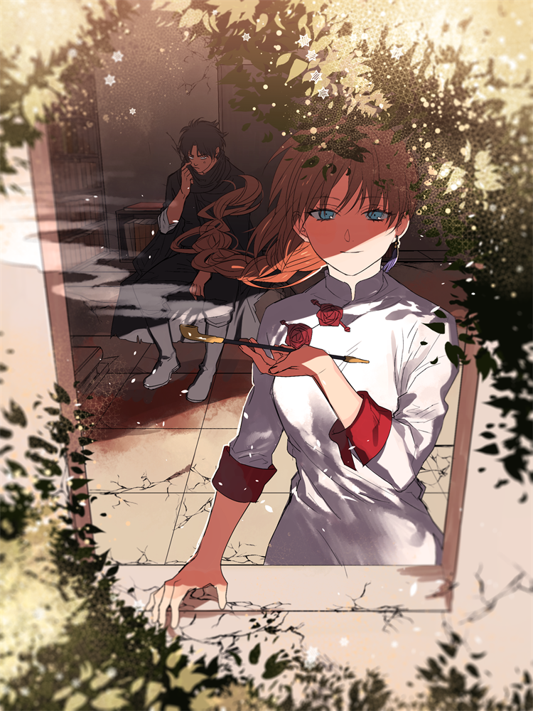 blue_eyes, braid, gintama, holding, holding_pipe, kiseru, kouka_(gintama), looking_outside