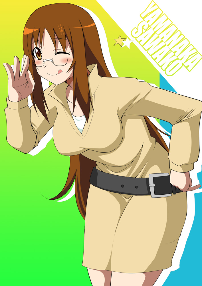brown_eyes, brown_hair, glasses, k-on!, leaning_forward, long_hair, no_legwear, pzeros