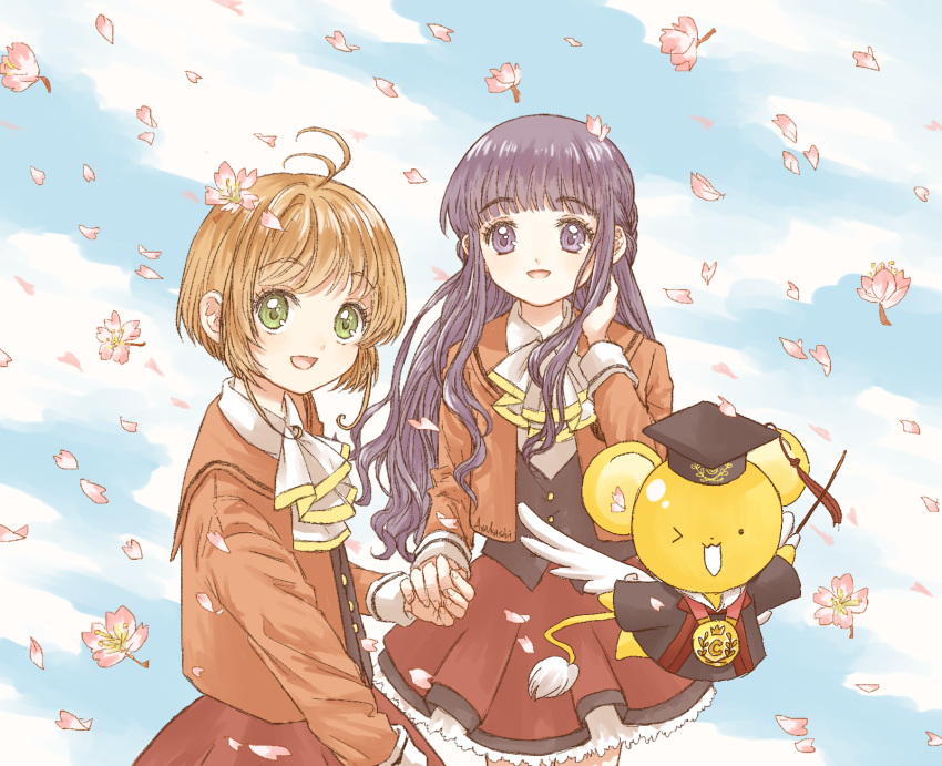 2girls, :d, alternate_costume, alternate_uniform, antenna_hair, ascot, bangs, blunt_bangs
