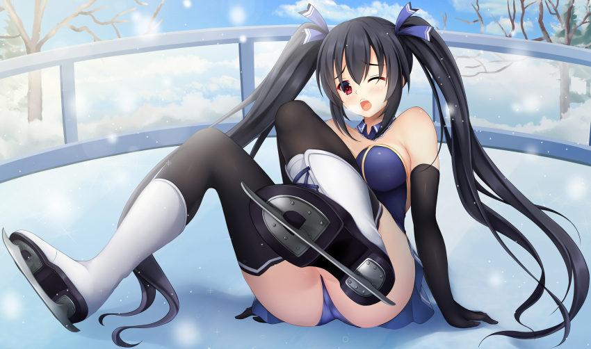 1girl, absurdres, alternate_costume, black_hair, breath, choujigen_game_neptune, clouds, commission