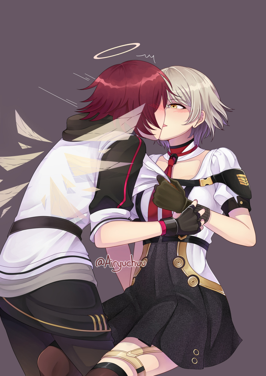 2girls, absurdres, angel, arknights, black_dress, black_gloves, black_legwear, blush