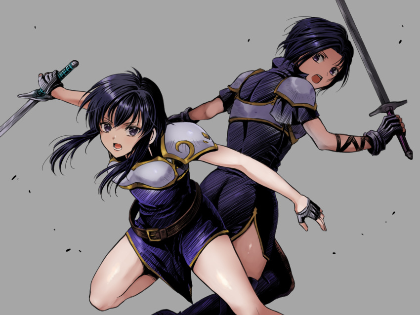 2girls, black_hair, boots, creidne_(fire_emblem), earrings, fingerless_gloves, fire_emblem, fire_emblem:_genealogy_of_the_holy_war, gloves, jewelry, larcei_(fire_emblem), multiple_girls, open_mouth, short_hair, sword, weapon
