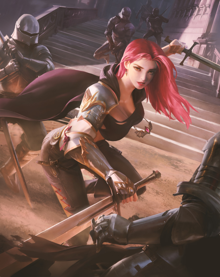 1girl, 5others, absurdres, armor, battle, breasts, brown_pants, butter_squid