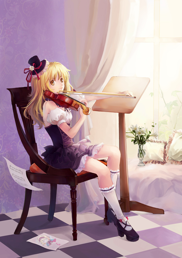 alice_margatroid, alice_margatroid_(cameo), alternate_costume, blonde_hair, cameo, chair, checkered, checkered_floor, drawing, flower, hat, instrument, kirisame_marisa, mary_janes, mini_top_hat, nataku39, shoes, short_hair, sitting, solo, top_hat, touhou, vase, violin, yellow_eyes