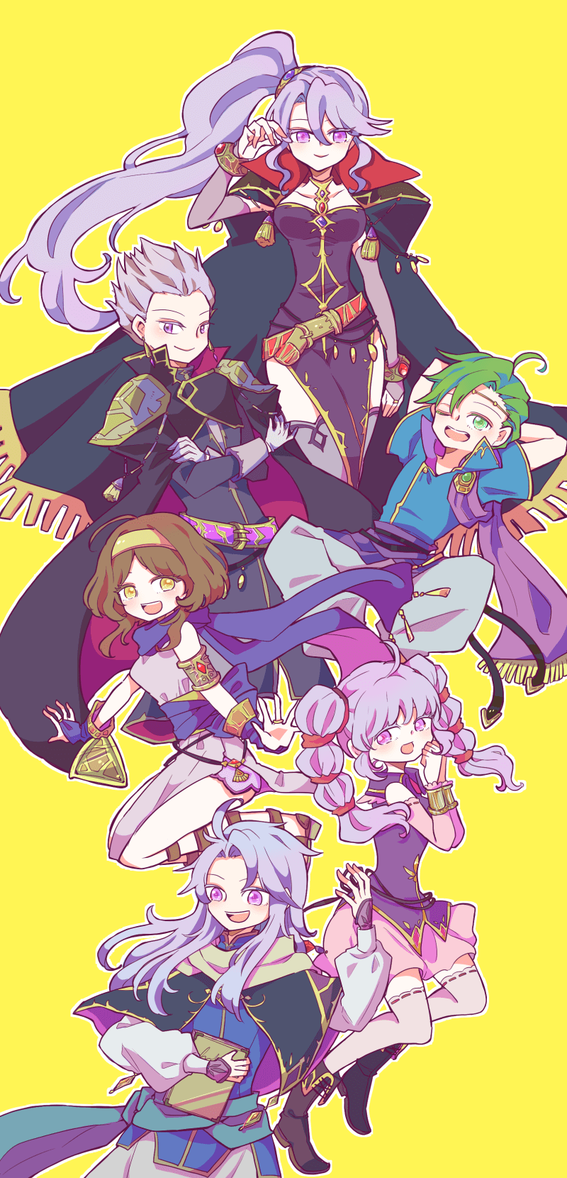 3boys, 3girls, amid_(fire_emblem), arthur_(fire_emblem), brown_hair, circlet, cloak, green_eyes