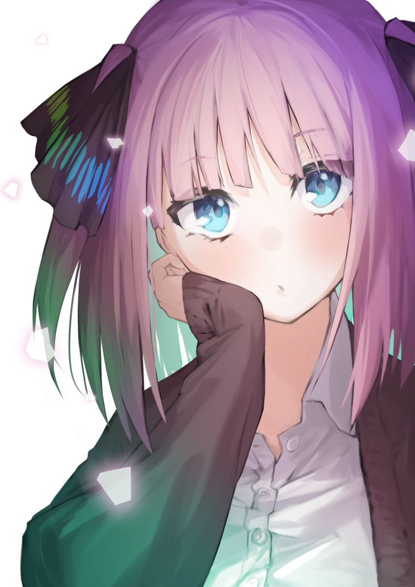 1girl, absurdres, bangs, black_cardigan, black_ribbon, blue_eyes, blunt_bangs, blush